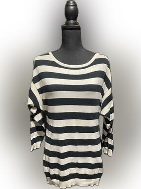 Divided Black and White Striped Scoop Neck Sweater